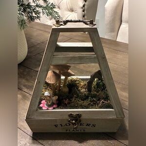 Rustic Brown Terrarium with Wooden Fairy Garden Mushrooms Vintage Vibe